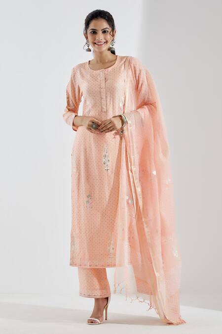 Buy_Abbaran_Peach Cotton Silk Dupatta Chanderi U Neck Printed Straight Kurta Set _Online_at_Aza_Fashions
