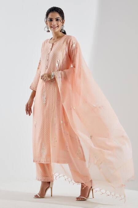 Shop_Abbaran_Peach Cotton Silk Dupatta Chanderi U Neck Printed Straight Kurta Set _Online_at_Aza_Fashions