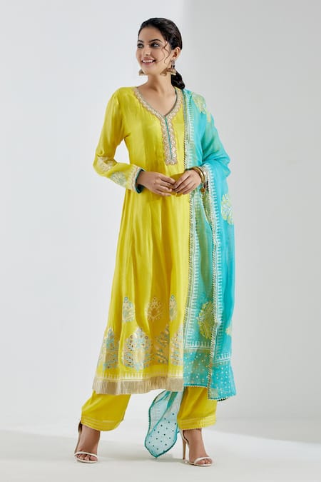 Abbaran Blue Cotton Silk V Neck Printed Anarkali And Palazzo Set Online at Aza Fashions Abbaran_Blue Cotton Silk V Neck Printed Anarkali And Palazzo Set _Online_at_Aza_Fashions