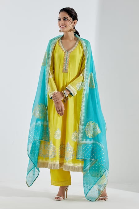 Buy Abbaran Blue Cotton Silk V Neck Printed Anarkali And Palazzo Set Online at Aza Fashions Buy_Abbaran_Blue Cotton Silk V Neck Printed Anarkali And Palazzo Set _Online_at_Aza_Fashions