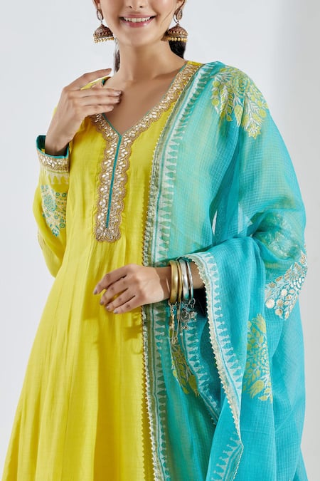 Shop Abbaran Blue Cotton Silk V Neck Printed Anarkali And Palazzo Set Online at Aza Fashions Shop_Abbaran_Blue Cotton Silk V Neck Printed Anarkali And Palazzo Set _Online_at_Aza_Fashions