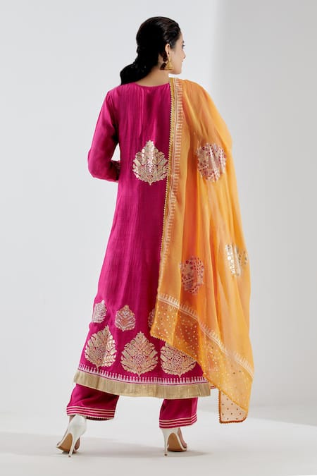 Shop_Abbaran_Orange Cotton Silk V Neck Printed Anarkali And Palazzo Set _at_Aza_Fashions