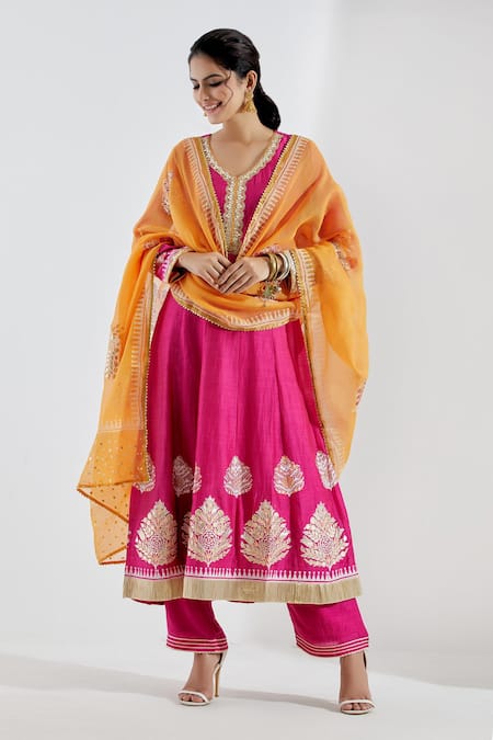 Buy_Abbaran_Orange Cotton Silk V Neck Printed Anarkali And Palazzo Set _Online_at_Aza_Fashions