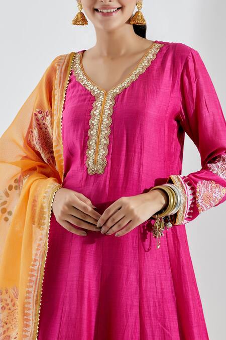 Shop_Abbaran_Orange Cotton Silk V Neck Printed Anarkali And Palazzo Set _Online_at_Aza_Fashions