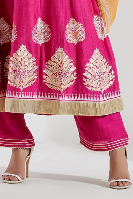 Abbaran_Orange Cotton Silk V Neck Printed Anarkali And Palazzo Set _at_Aza_Fashions