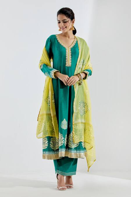 Abbaran_Green Cotton Silk V Neck Printed Anarkali And Palazzo Set _Online_at_Aza_Fashions
