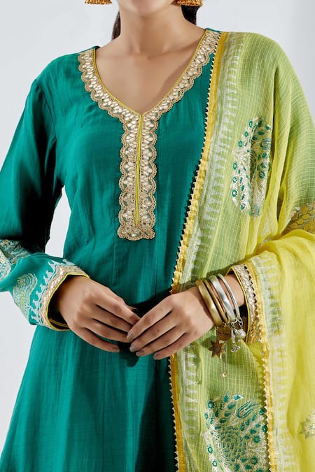 Shop_Abbaran_Green Cotton Silk V Neck Printed Anarkali And Palazzo Set _Online_at_Aza_Fashions