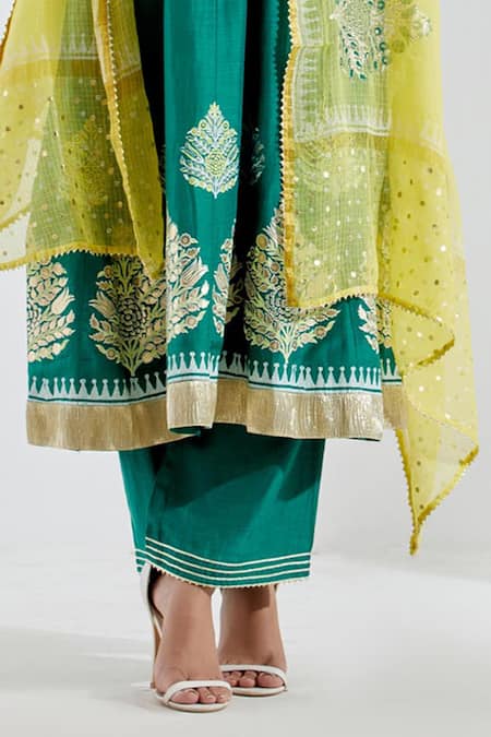 Abbaran_Green Cotton Silk V Neck Printed Anarkali And Palazzo Set _at_Aza_Fashions