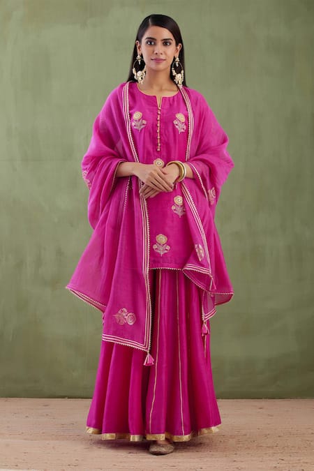 Buy_Abbaran_Pink Cotton Silk Dupatta Chanderi Notched Embroidered Gharara Set _Online_at_Aza_Fashions