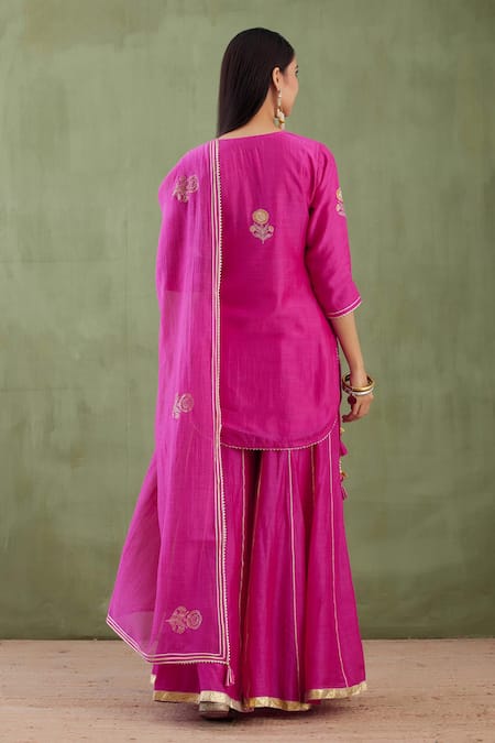Shop_Abbaran_Pink Cotton Silk Dupatta Chanderi Notched Embroidered Gharara Set _at_Aza_Fashions