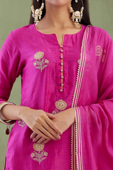 Shop_Abbaran_Pink Cotton Silk Dupatta Chanderi Notched Embroidered Gharara Set _Online_at_Aza_Fashions