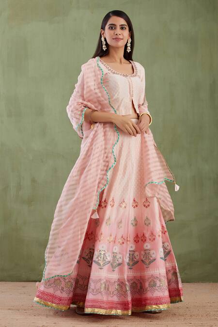 Buy Abbaran Pink Chanderi Dupatta Banarasi U Neck Printed Lehenga Set Online at Aza Fashions Buy_Abbaran_Pink Chanderi Dupatta Banarasi U Neck Printed Lehenga Set _Online_at_Aza_Fashions