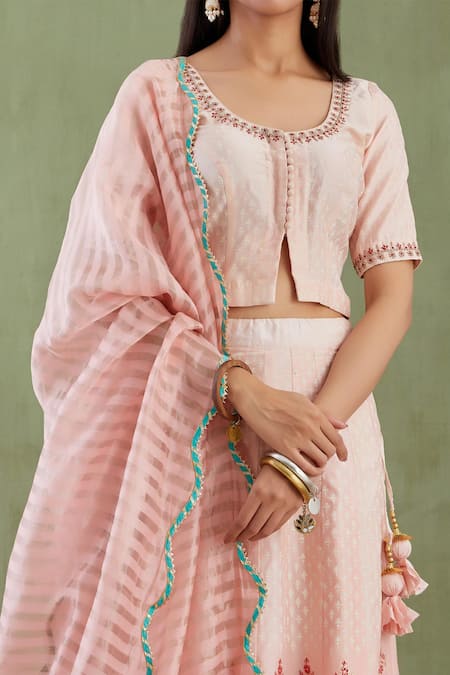 Shop Abbaran Pink Chanderi Dupatta Banarasi U Neck Printed Lehenga Set Online at Aza Fashions Shop_Abbaran_Pink Chanderi Dupatta Banarasi U Neck Printed Lehenga Set _Online_at_Aza_Fashions