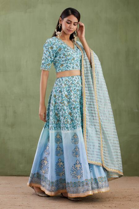 Abbaran Blue Chanderi Dupatta Banarasi V Neck Printed Lehenga Set Online at Aza Fashions Abbaran_Blue Chanderi Dupatta Banarasi V Neck Printed Lehenga Set _Online_at_Aza_Fashions