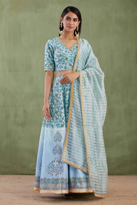 Buy Abbaran Blue Chanderi Dupatta Banarasi V Neck Printed Lehenga Set Online at Aza Fashions Buy_Abbaran_Blue Chanderi Dupatta Banarasi V Neck Printed Lehenga Set _Online_at_Aza_Fashions