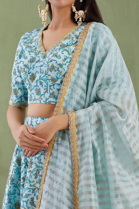 Shop Abbaran Blue Chanderi Dupatta Banarasi V Neck Printed Lehenga Set Online at Aza Fashions Shop_Abbaran_Blue Chanderi Dupatta Banarasi V Neck Printed Lehenga Set _Online_at_Aza_Fashions