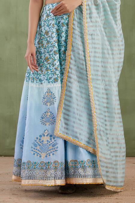 Abbaran Blue Chanderi Dupatta Banarasi V Neck Printed Lehenga Set at Aza Fashions Abbaran_Blue Chanderi Dupatta Banarasi V Neck Printed Lehenga Set _at_Aza_Fashions
