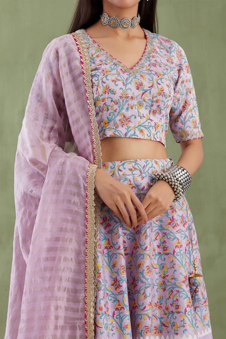 Shop Abbaran Purple Chanderi Dupatta Banarasi V Neck Printed Lehenga Set Online at Aza Fashions Shop_Abbaran_Purple Chanderi Dupatta Banarasi V Neck Printed Lehenga Set _Online_at_Aza_Fashions