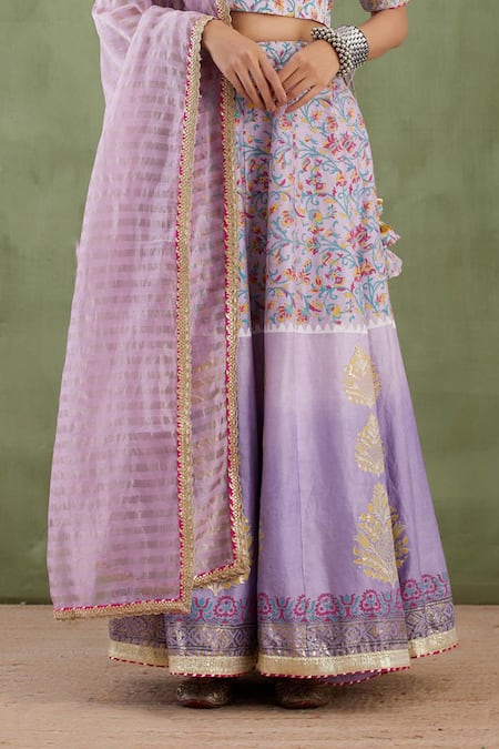 Abbaran Purple Chanderi Dupatta Banarasi V Neck Printed Lehenga Set at Aza Fashions Abbaran_Purple Chanderi Dupatta Banarasi V Neck Printed Lehenga Set _at_Aza_Fashions