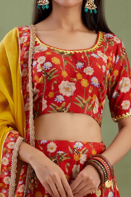 Shop_Abbaran_Yellow Cotton Silk Dupatta Chanderi Round Printed Lehenga Set _Online_at_Aza_Fashions