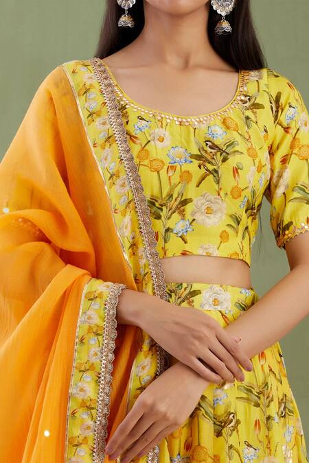 Shop Abbaran Yellow Cotton Silk Dupatta Chanderi Round Printed Lehenga Set Online at Aza Fashions Shop_Abbaran_Yellow Cotton Silk Dupatta Chanderi Round Printed Lehenga Set _Online_at_Aza_Fashions