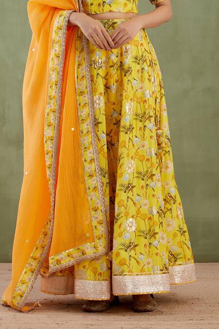 Abbaran Yellow Cotton Silk Dupatta Chanderi Round Printed Lehenga Set at Aza Fashions Abbaran_Yellow Cotton Silk Dupatta Chanderi Round Printed Lehenga Set _at_Aza_Fashions