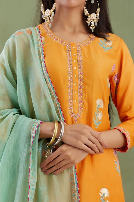 Shop_Abbaran_Blue Cotton Silk Dupatta Chanderi Round Printed Kurta Gharara Set _Online_at_Aza_Fashions