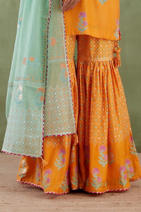 Abbaran_Blue Cotton Silk Dupatta Chanderi Round Printed Kurta Gharara Set _at_Aza_Fashions