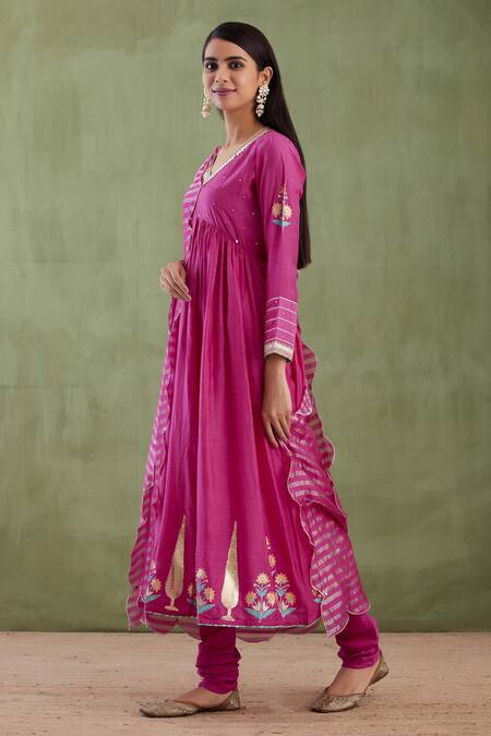 Shop Abbaran Purple Cotton Silk Dupatta Banarasi V Neck Printed Anarkali Set Online at Aza Fashions Shop_Abbaran_Purple Cotton Silk Dupatta Banarasi V Neck Printed Anarkali Set _Online_at_Aza_Fashions