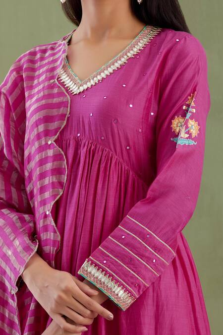 Abbaran Purple Cotton Silk Dupatta Banarasi V Neck Printed Anarkali Set at Aza Fashions Abbaran_Purple Cotton Silk Dupatta Banarasi V Neck Printed Anarkali Set _at_Aza_Fashions