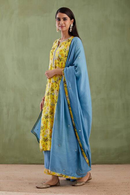 Abbaran_Blue Cotton Silk Dupatta Chanderi Notched Printed Kurta Palazzo Set _Online_at_Aza_Fashions