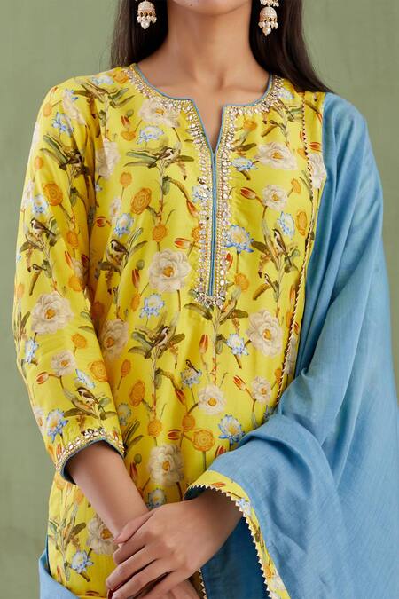 Buy_Abbaran_Blue Cotton Silk Dupatta Chanderi Notched Printed Kurta Palazzo Set _Online_at_Aza_Fashions