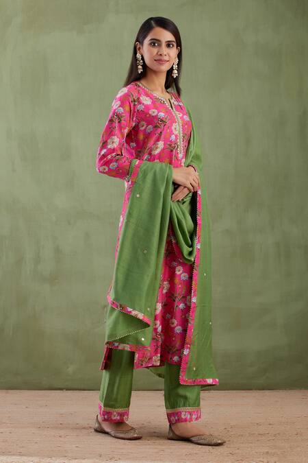 Abbaran_Purple Cotton Silk Dupatta Chanderi Notched Printed Kurta Palazzo Set _Online_at_Aza_Fashions