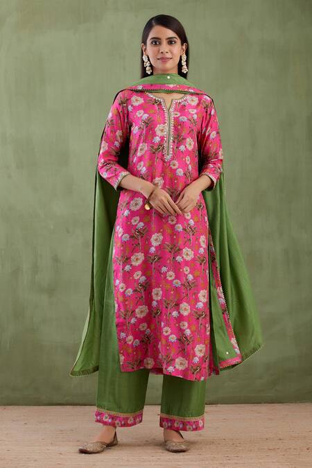 Buy_Abbaran_Purple Cotton Silk Dupatta Chanderi Notched Printed Kurta Palazzo Set _Online_at_Aza_Fashions