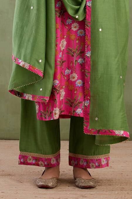 Abbaran_Purple Cotton Silk Dupatta Chanderi Notched Printed Kurta Palazzo Set _at_Aza_Fashions