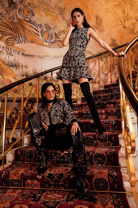 Buy_House Of Eda_Black Polyester Stretch Floral Embroidered Dress_Online_at_Aza_Fashions