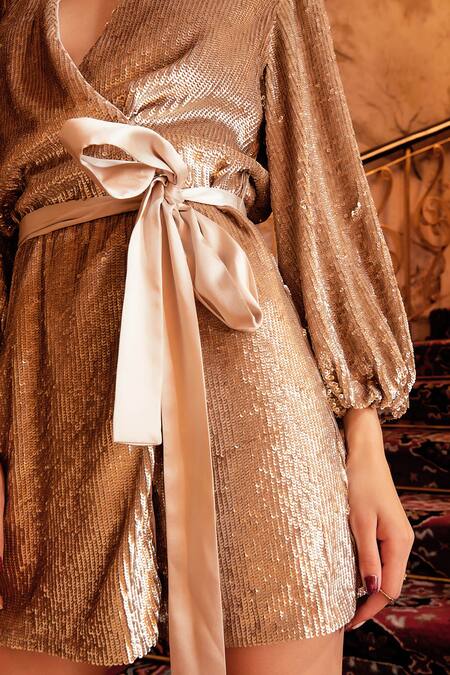 Buy_House Of Eda_Gold Polyester Sequin Wrap Dress_Online_at_Aza_Fashions