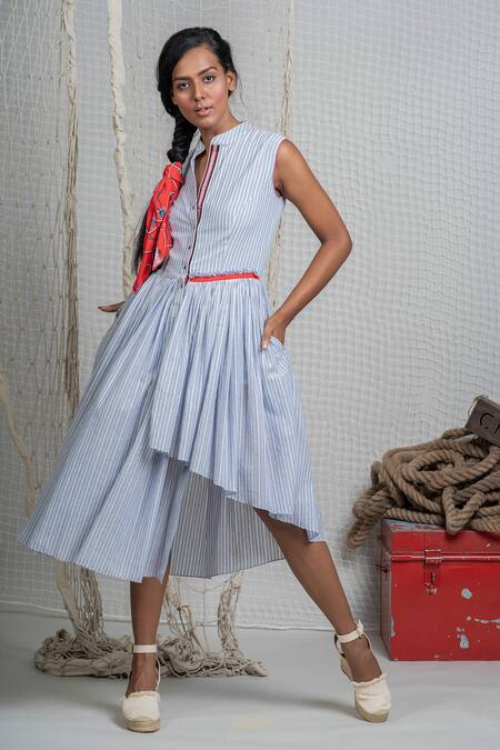 Chillosophy_Blue Stripe Cotton Voile Mandarin Collar Asymmetric Dress _Online_at_Aza_Fashions