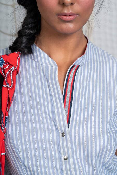 Shop_Chillosophy_Blue Stripe Cotton Voile Mandarin Collar Asymmetric Dress _Online_at_Aza_Fashions