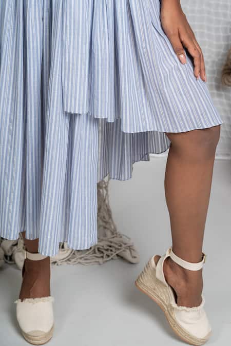 Chillosophy_Blue Stripe Cotton Voile Mandarin Collar Asymmetric Dress _at_Aza_Fashions