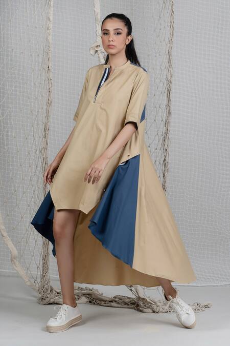 Chillosophy_Beige Poplin Mandarin Collar Colorblock Dress _Online_at_Aza_Fashions