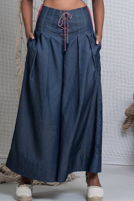 Shop_Chillosophy_Blue Tencel Denim Flared Pant _Online_at_Aza_Fashions