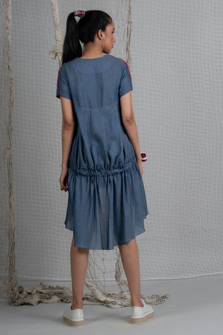 Chillosophy_Blue Chambray Voile V Neck Asymmetric Dress _Online_at_Aza_Fashions