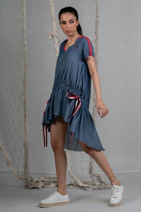 Buy_Chillosophy_Blue Chambray Voile V Neck Asymmetric Dress _Online_at_Aza_Fashions