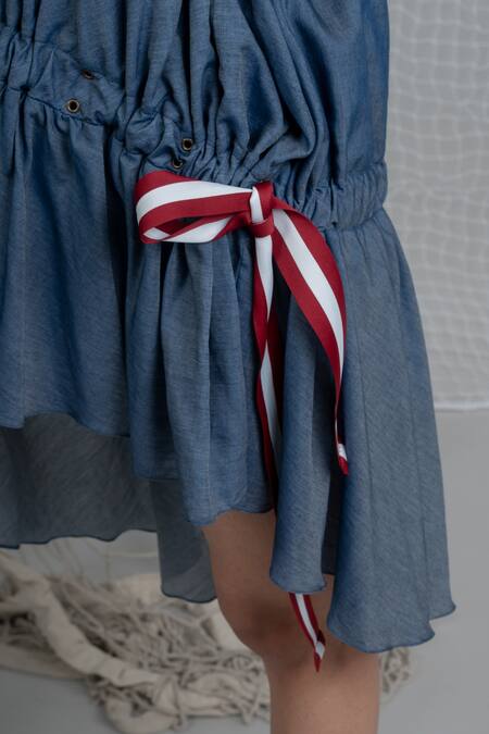 Chillosophy_Blue Chambray Voile V Neck Asymmetric Dress _at_Aza_Fashions