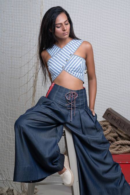 Chillosophy_Blue Poplin V Neck Striped Crop Top _Online_at_Aza_Fashions