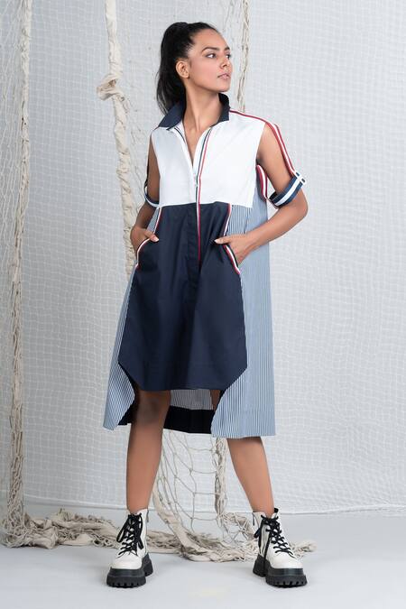 Chillosophy_Blue Poplin High Neck Colorblock Dress _Online_at_Aza_Fashions