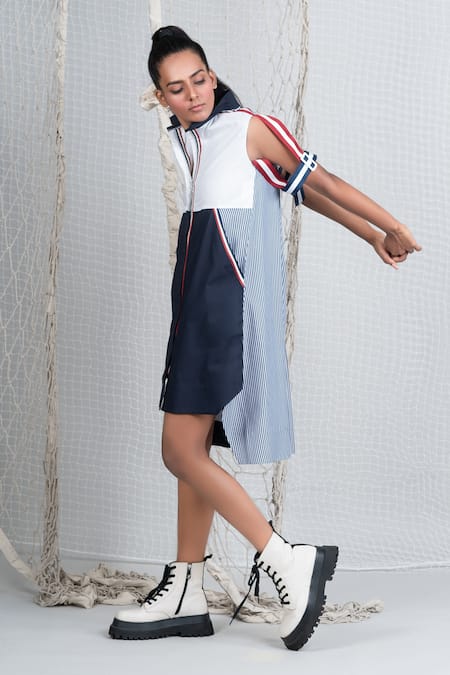 Buy_Chillosophy_Blue Poplin High Neck Colorblock Dress _Online_at_Aza_Fashions