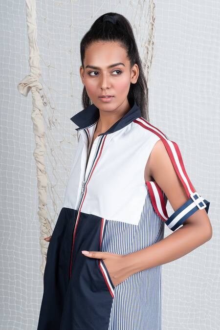 Chillosophy_Blue Poplin High Neck Colorblock Dress _at_Aza_Fashions