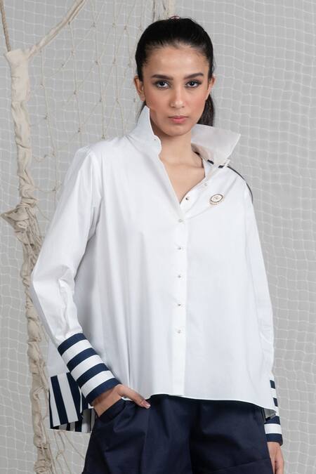 Chillosophy_White Poplin Shirt Collar Flared _at_Aza_Fashions